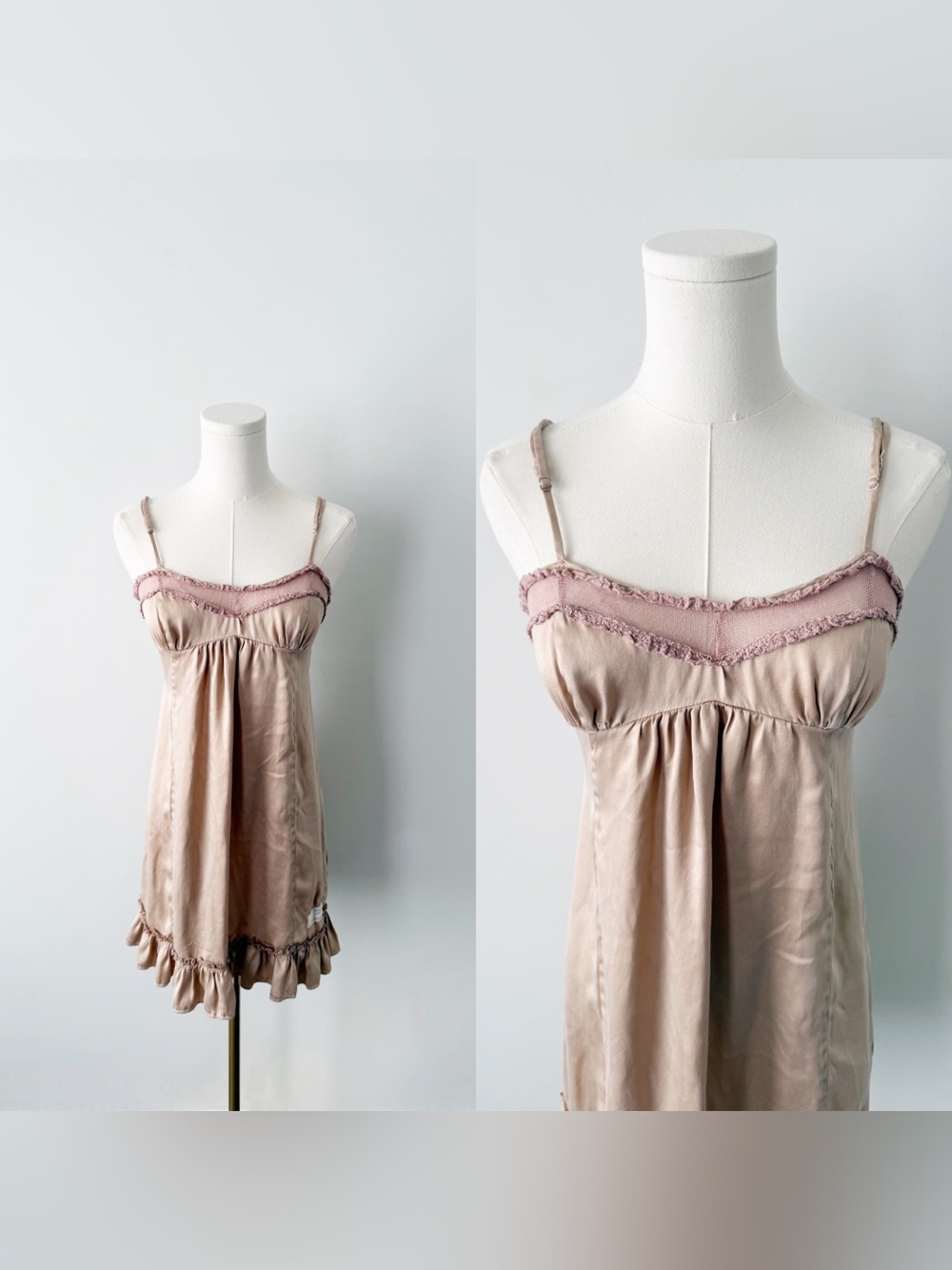 Odd Molly blush pink/tan 100% silk babydoll mini slip dress
